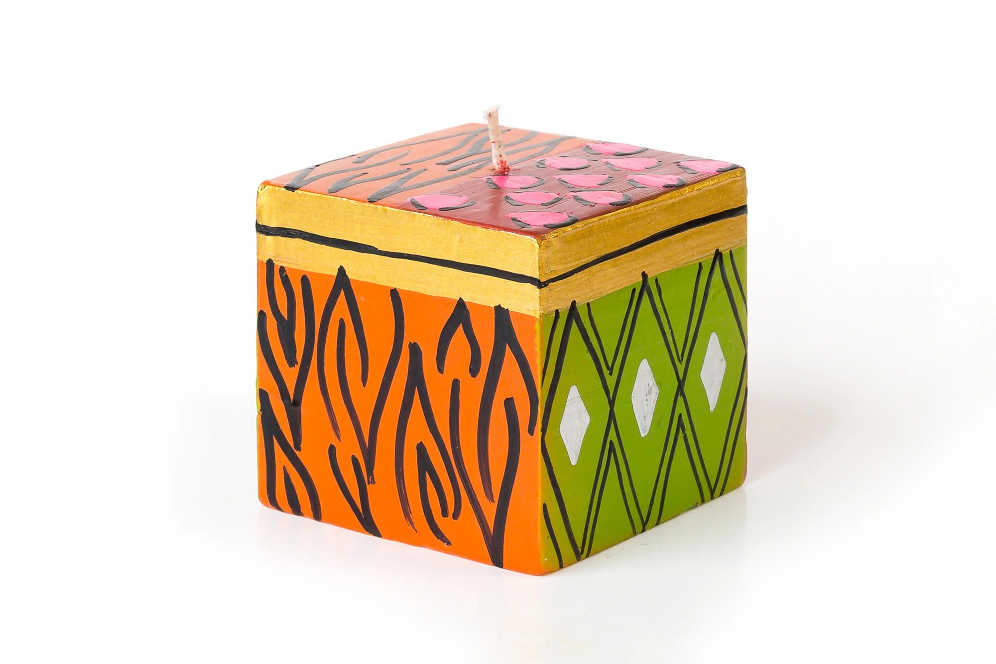 Wild Animal Print 3" x 3" x 3" candle cube.  Orange, lime green with touches of gold & silver.  Grrrrrreat!