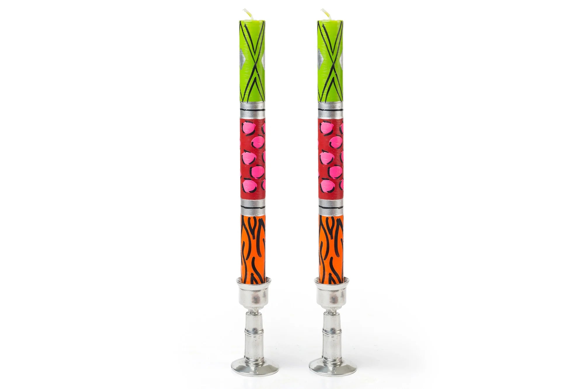Matched pair of Wild Animal Print taper candles in pewter taper holders.  Lime green, hot pink, red & silver!  