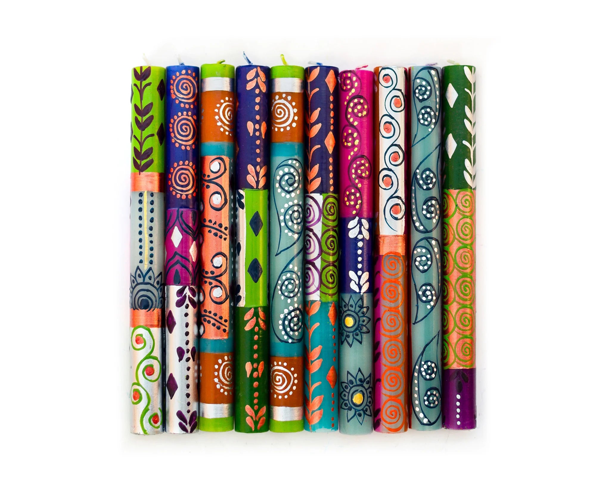 10 designs of the Sari Collection.  10 single tapers, 1 in each design.  Beautiful greens, purple, turquoise, silver and copper.  They are a real show-stopper!