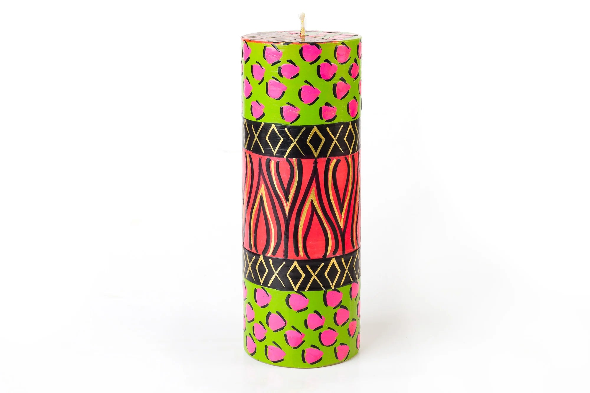 Wild Animal 3" x 8" pillar candle.  Lime green & pink animal spots;  red, black, and gold animal stripes!  Wild, but it works and looks great.... 
