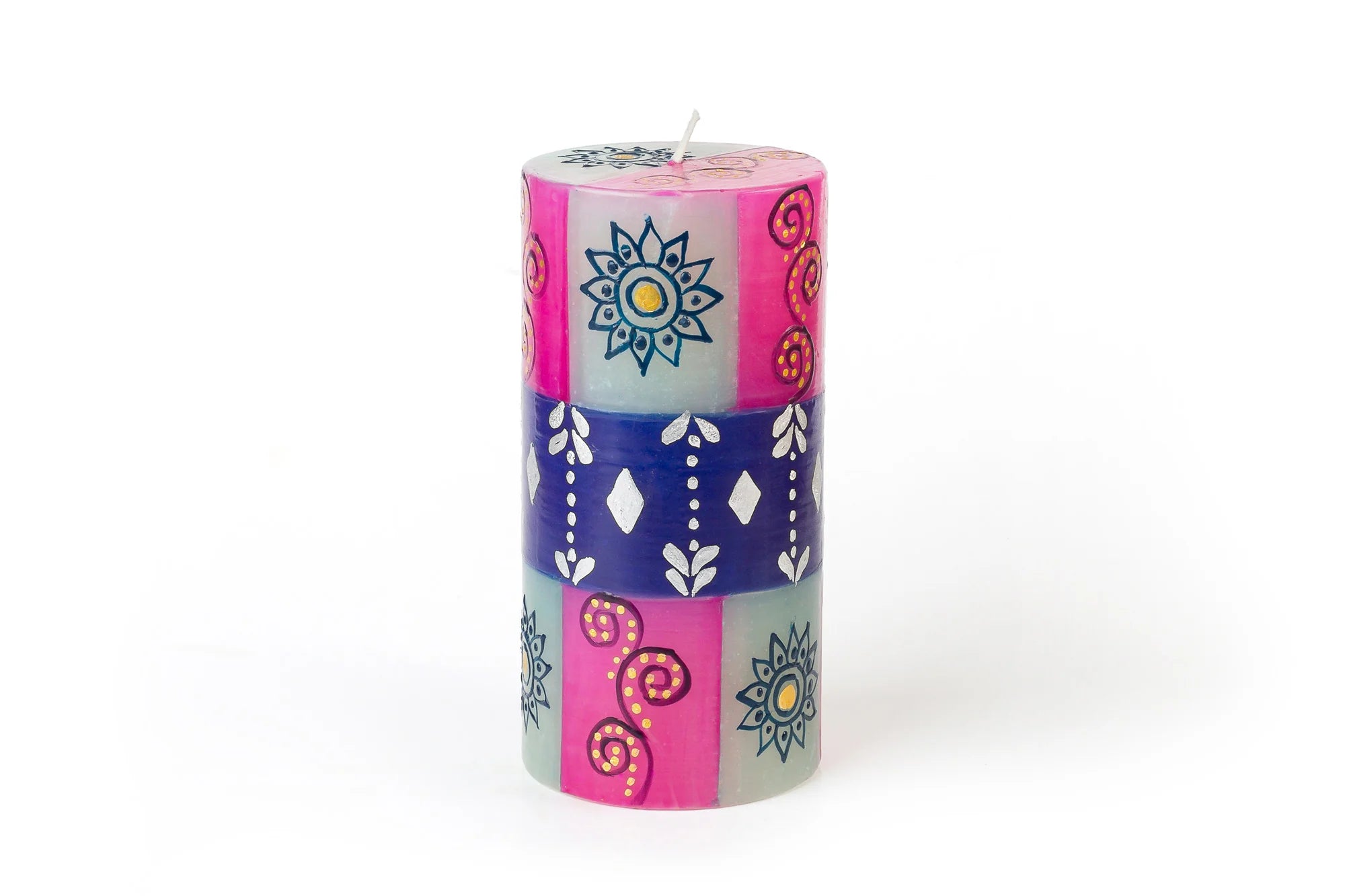 Sari 3" x 6" pillar candle.  Hot pink, indigo, silver and white.  A beautiful pillar that burns 80 hours!