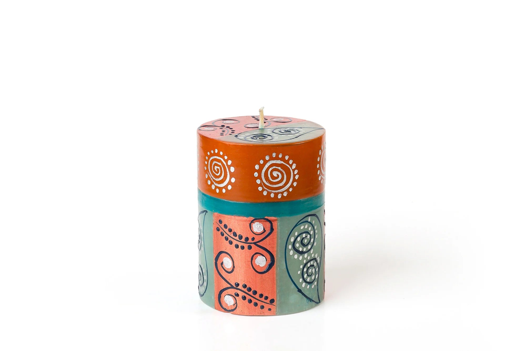Sari 3" x 4" pillar in rust, turquoise, and silver.  