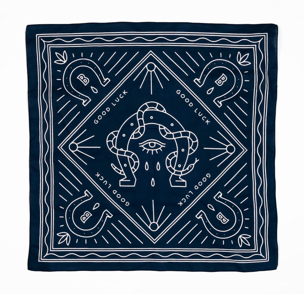 Bandits 100% cotton banadana - Good Luck. Navy blue with white horse design. Fair Trade products.