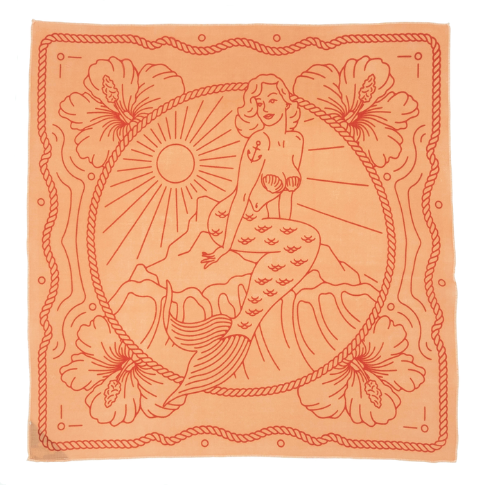 Bandits 100% cotton bandana - Sailor's Grave in light & dark orange with mermaid in the center design. Fair Trade gifts.
