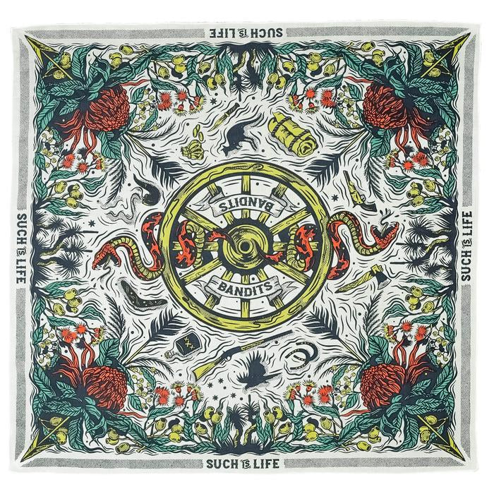 Bandits 100% cotton bandana - Such is Life detailed design in muted turquoise, pink, yellow & white.  Fair Trade products.