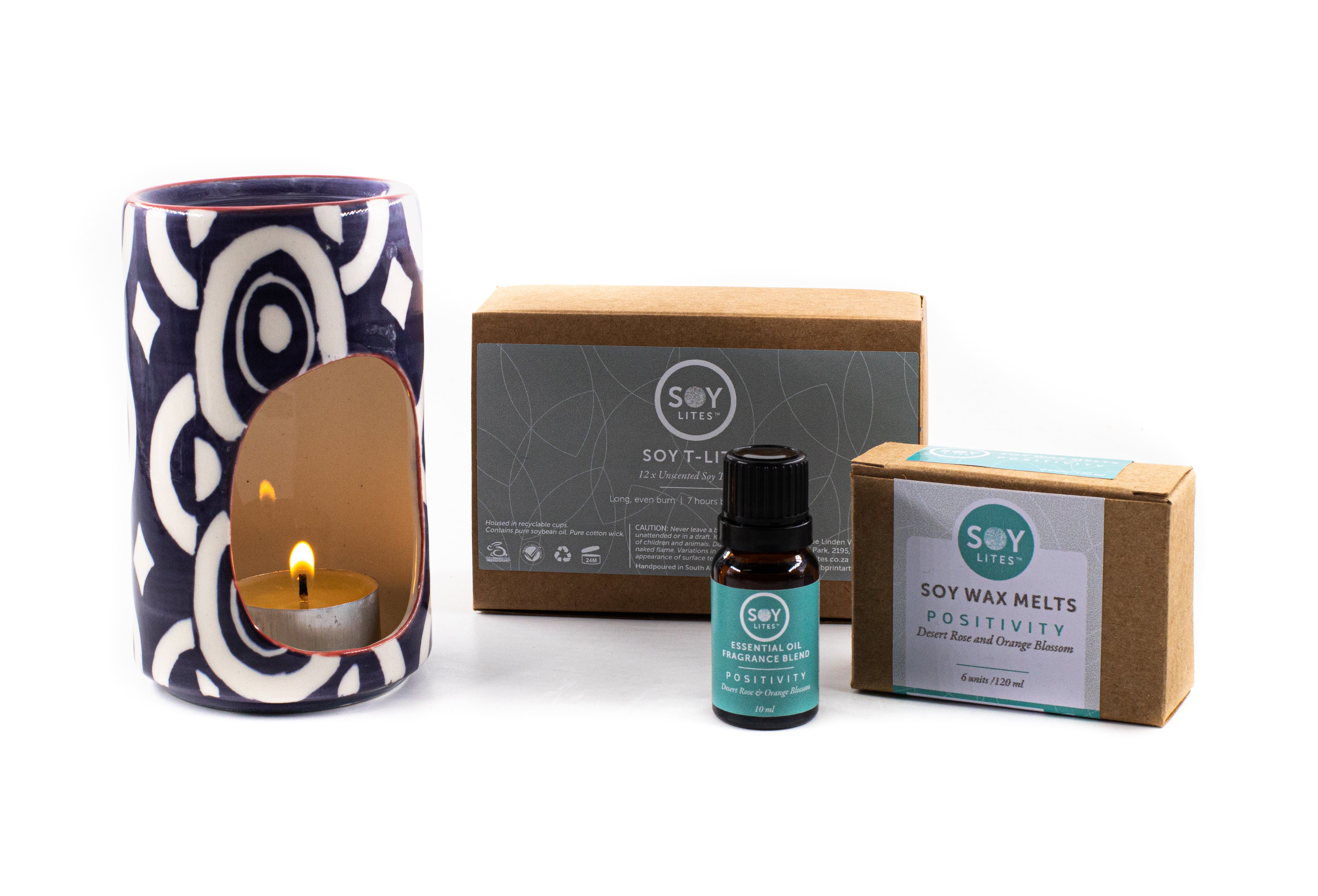 Make a gift pack!  The Hand made & hand painted burner scent candle with a 12-pack of  Soylites tea lights, Soylites wax candle melt of your favorite scent, with a top-up bottle of scent essence!  LOVELY gift or great treat for yourself to use in every room!
