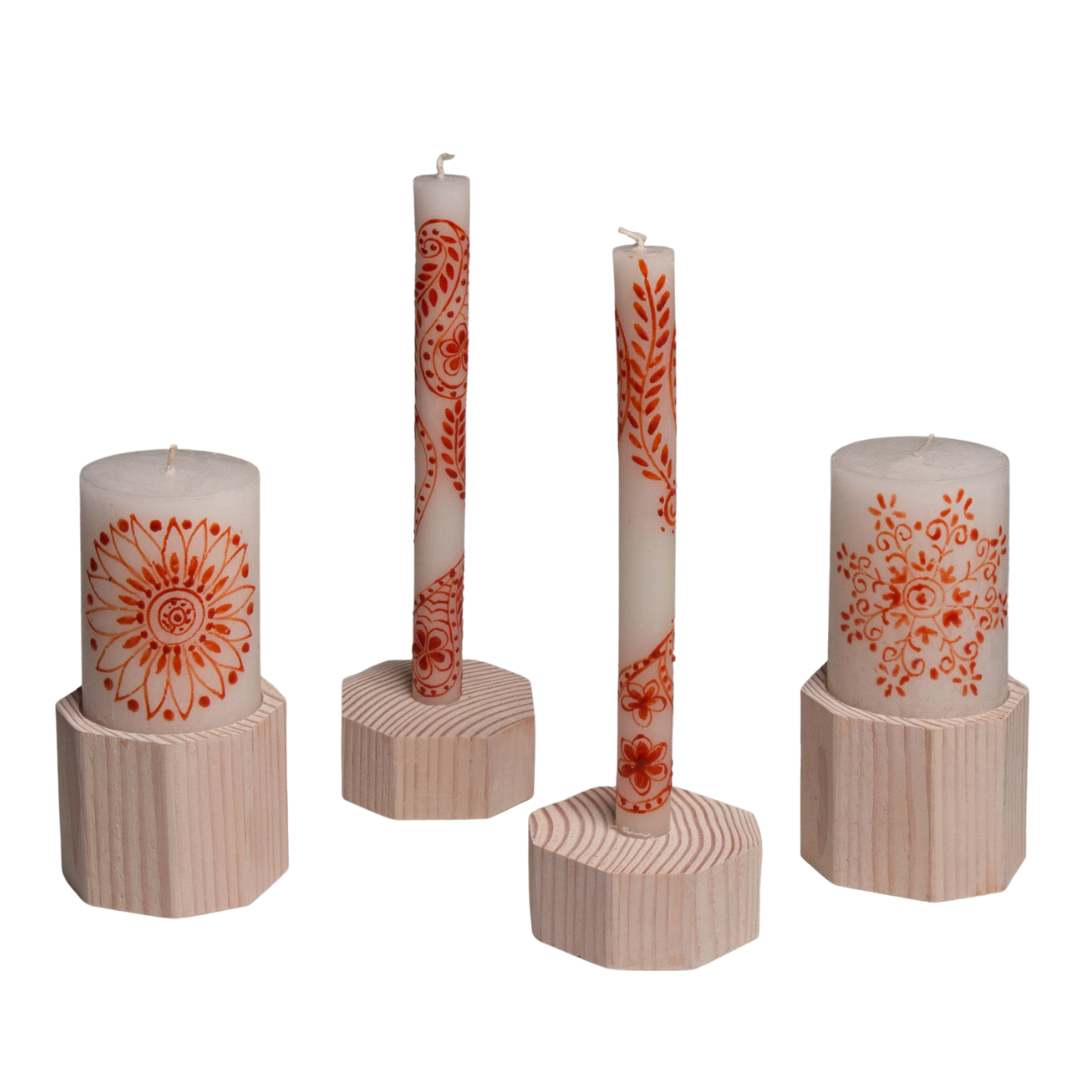 Artisan pillar candle & taper candle holders in white wash reclaimed wood. Fair Trade Gifts.