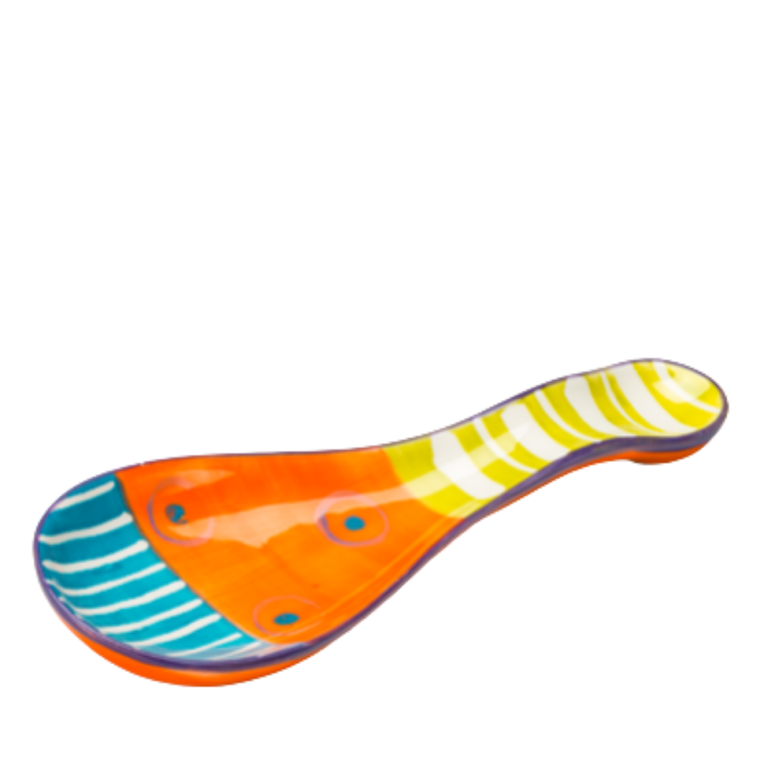 Carousel hand made and hand painted ceramic spoon rest.  Hand painted in the colors of carousels; oranges, yellow, turquoise, and pink!