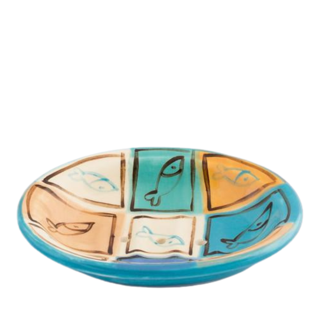 Arinston seaside design hand made and hand painted ceramic soap dish.  Fun colors and designs of fish and sea shells.