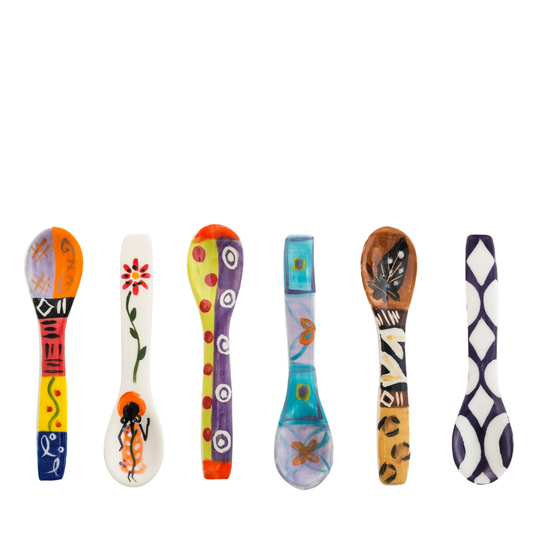 Selection of small, hand painted, ceramic spoons in the wonderful colors of Africa.  Designs include Multicolor Ethnic, African Ladies, Carousel, Blue Moon, Animal Print, Batik (blue & white). Fair Trade.