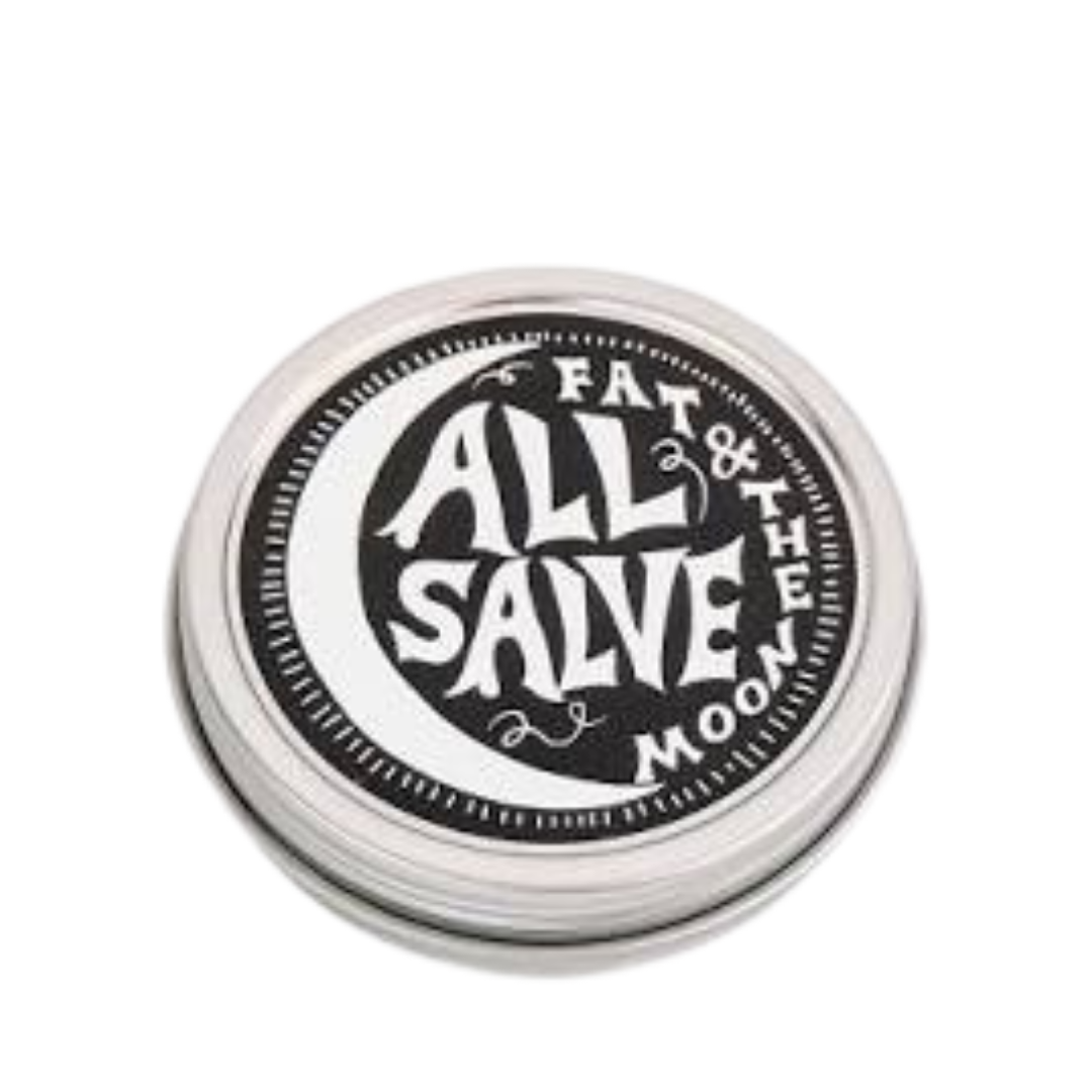 Tin can of Fat & The Moon ALL SALVE. Moon sliver drawing on packaging with whimsical logo.