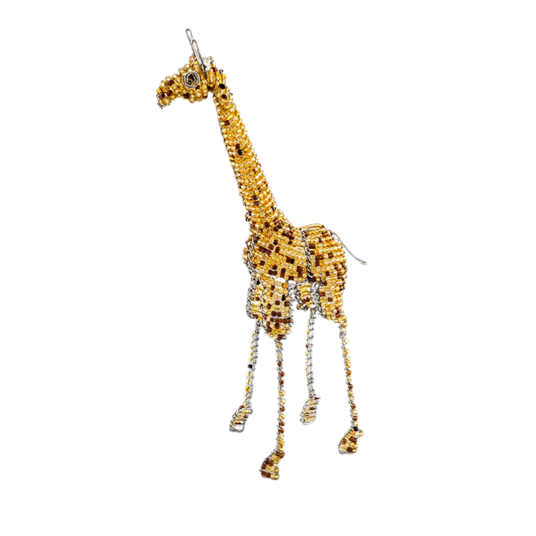 Hand made beaded giraffe in yellow and brown beads - and lots of personality! Fair trade products.