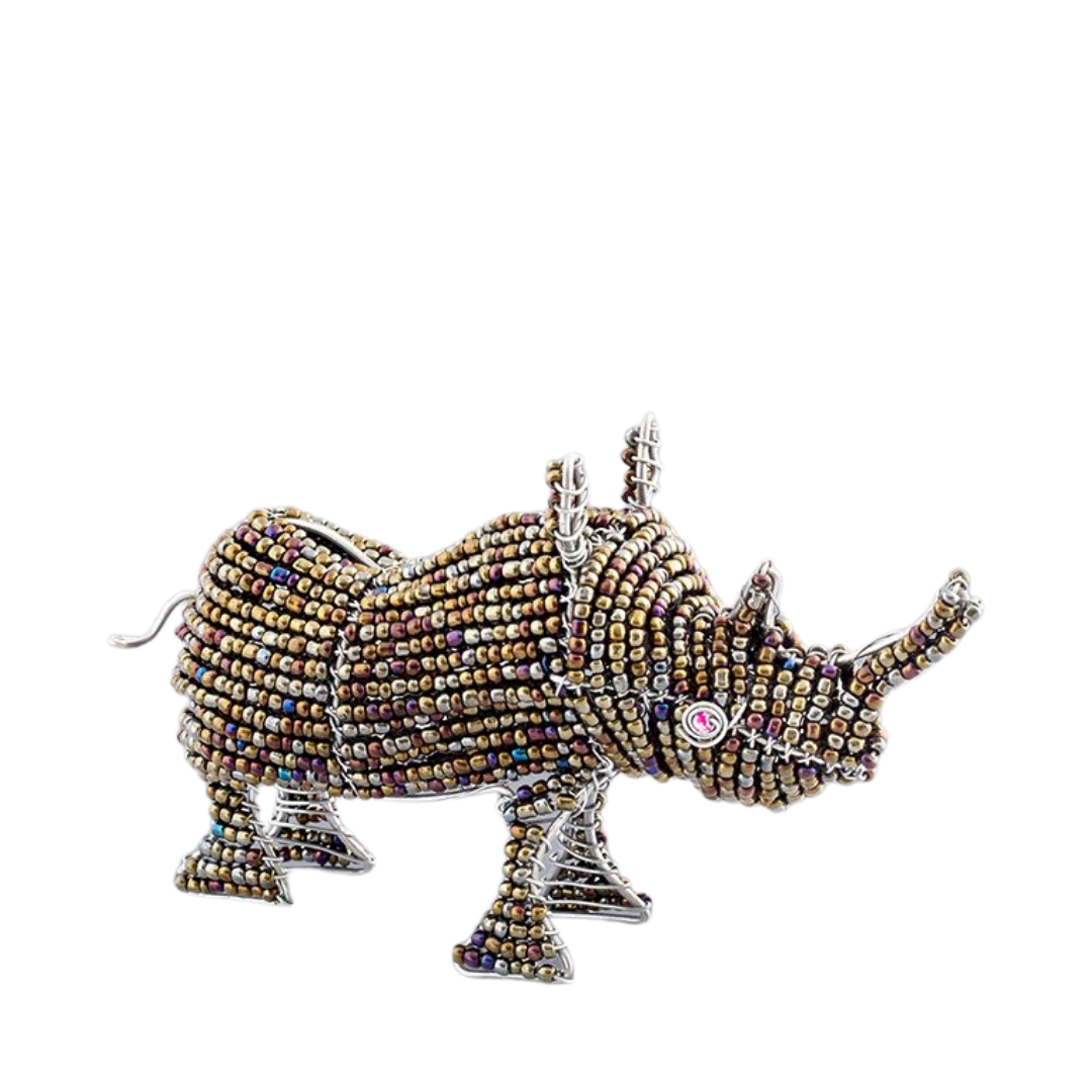 Close up of the beaded Rhino in brown- gold beads. Amazing work! Fair trade products.