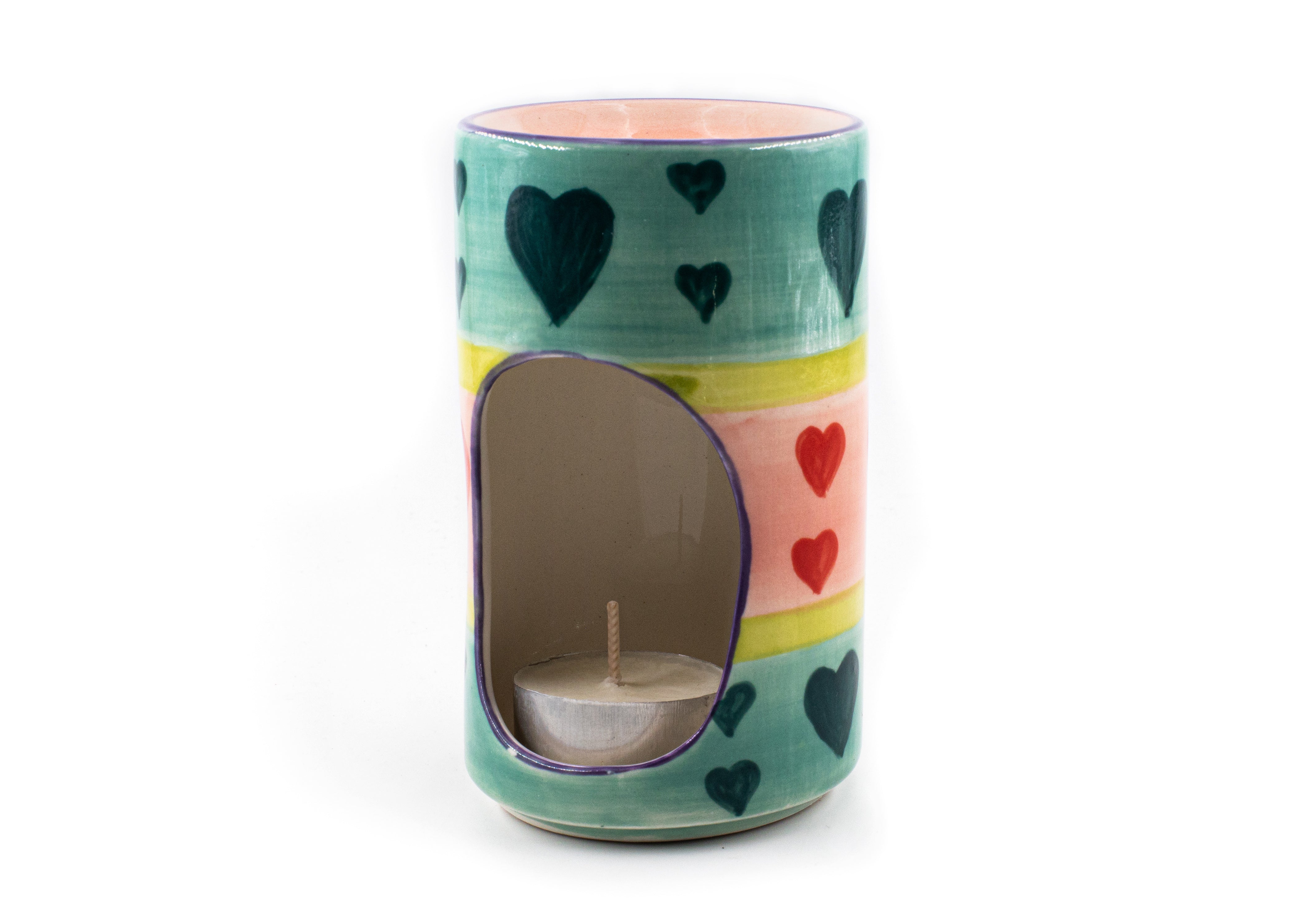Pastel colors with hearts, this is a Pastel Hearts hand made and hand painted ceramic scent candle burner.