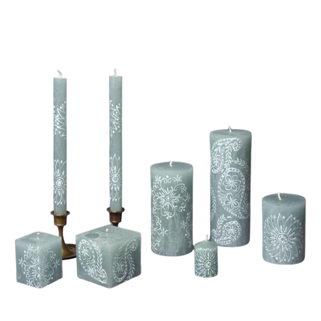 Henna Duck Egg hand made candle collection. White henna designs and light green frosted candles - stunning!  Cube candles, taper candles, pillar candles, and votives.  Fair Trade Home Decor.