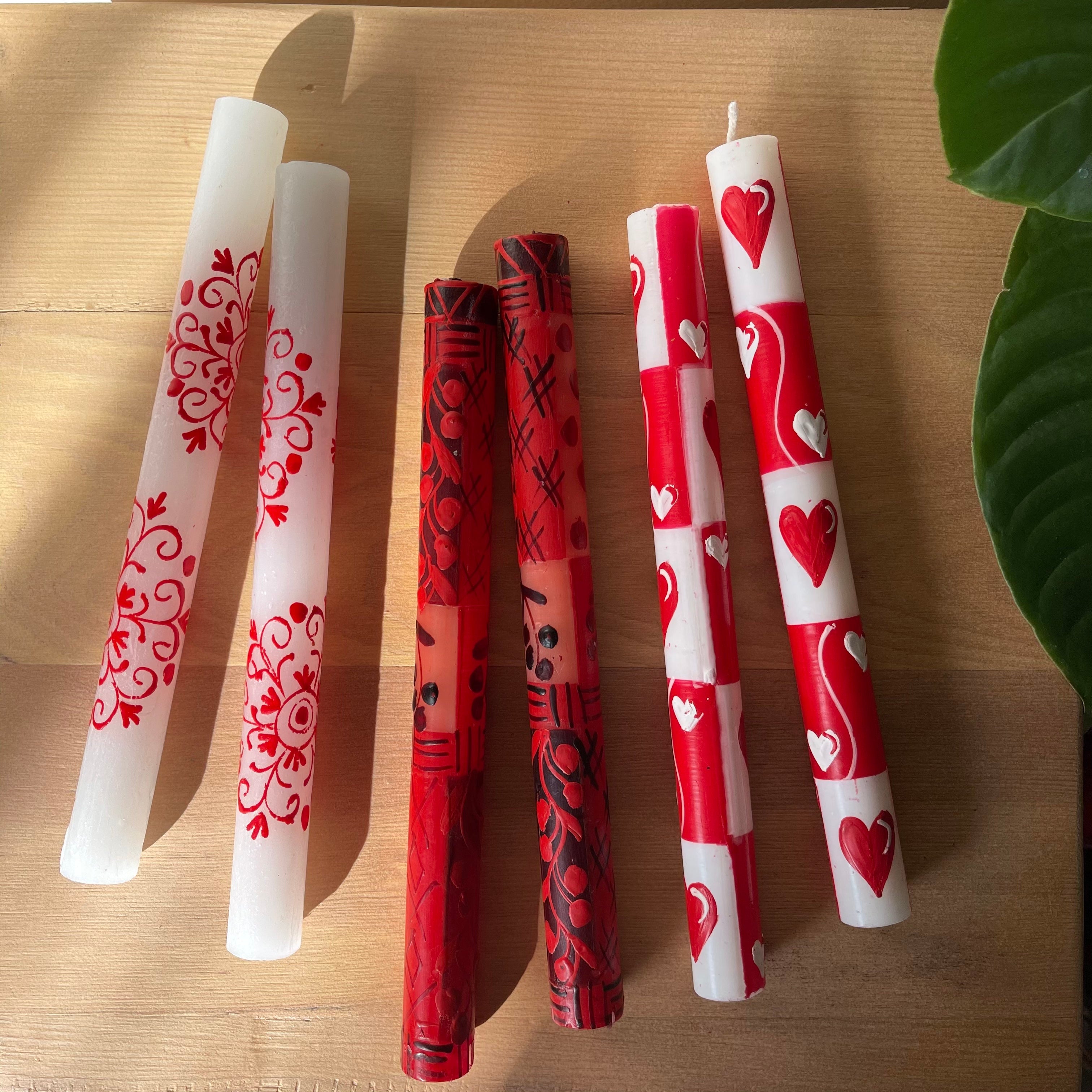 Three taper pairs that show how you can mix and match the designs. Henna Red on White, Berry Blaze, and Valentines.