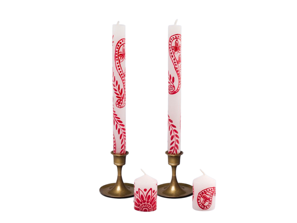 Henna Red on White hand made candles; taper candles and votives.  Red henna design on white candles.  Fair Trade home decor.