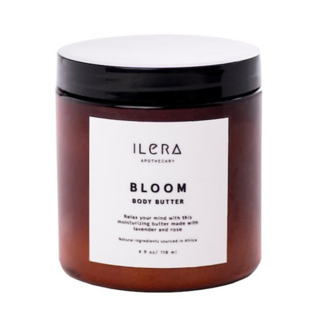 ILERA Apothecary BLOOM Body Butter. 4 oz. In amber jar with black screw top.