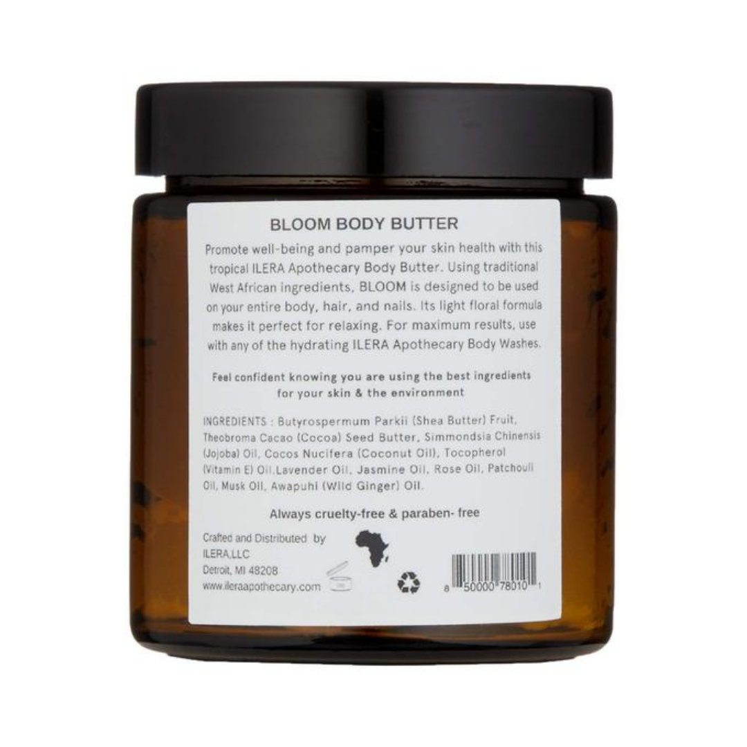 The back side of a jar of Bloom Body Butter with more description of the product. Fair Trade product.