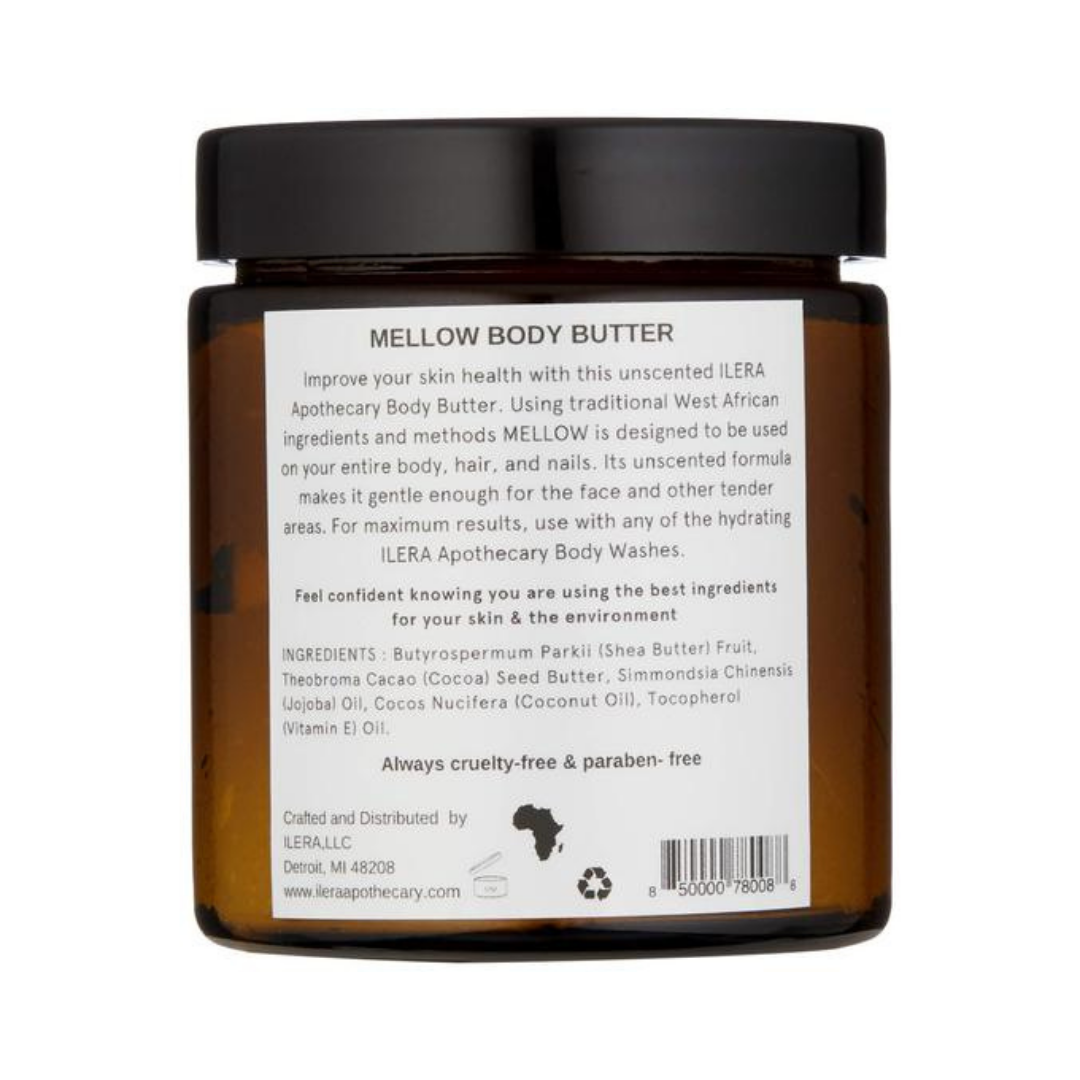 Back side of the Mellow Body Butter jar with the full description of the product. Fair trade products.
