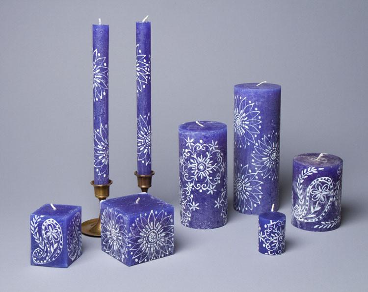 Henna White on Blue hand poured and hand painted candle Collection made in South Africa. Fair trade home decor.