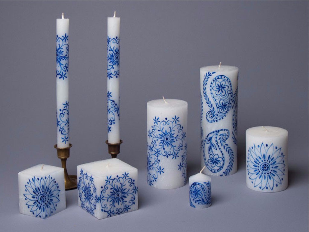 Henna Blue on White Collection,  hand poured and hand painted candles made in South Africa. Cubes, tapers, pillars and votives. Fair trade.