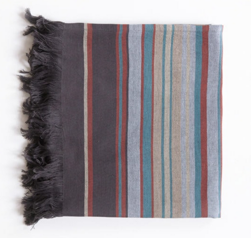 Kehena kikoi; folded with dark grey, rust, light grey, turquoise stripes, with dark grey fringe.