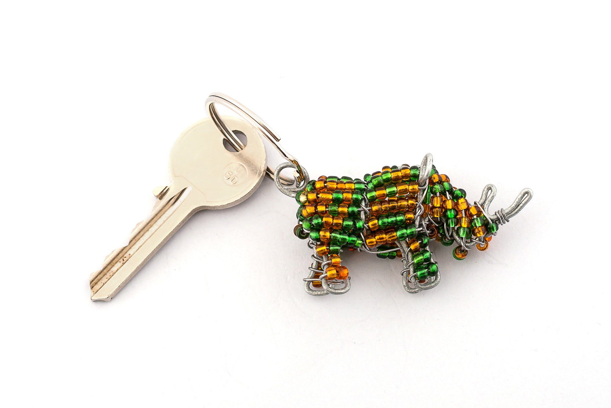Beaded rhino key chain.  Handmade with green & brown beads. So cute.  