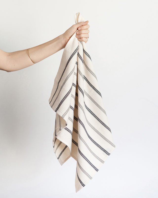 waffle weave kitchen towel - cream with black & grey stripes