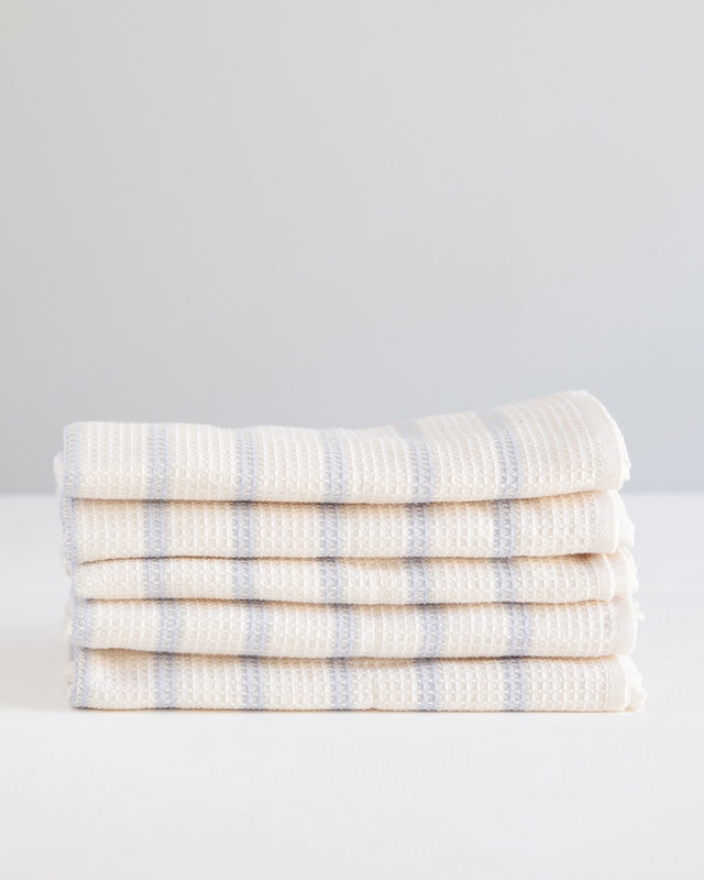 stack of waffle weave towel - cream with lavender stripe