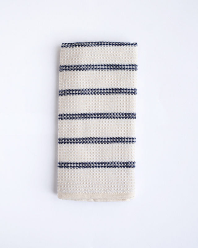 waffle weave kitchen towel - cream with cobalt black stripe