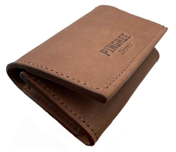 Pingree Detroit three-fold wallet.  Soft leather with Pingree Detroit logo stamped on front flap.