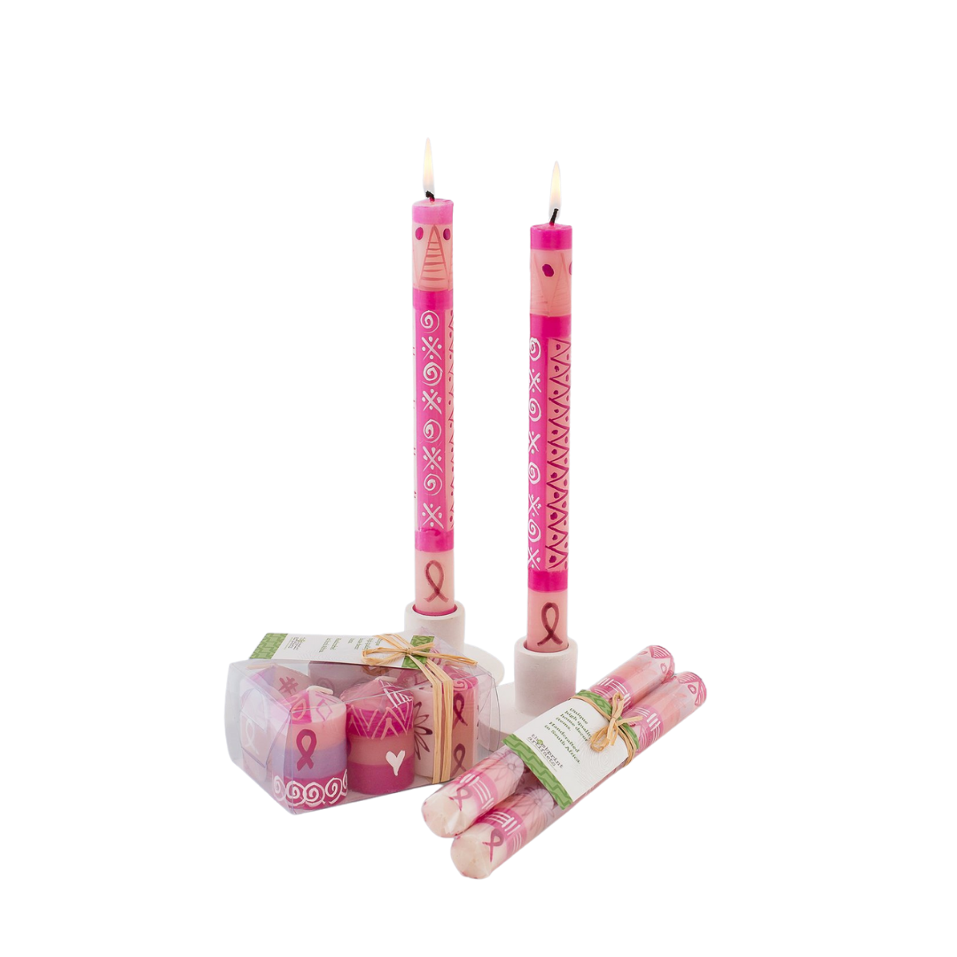 Pink on Pink hand made & hand painted candle collection. Votive candle 6-pack and taper candle pairs, come tied with a story card.