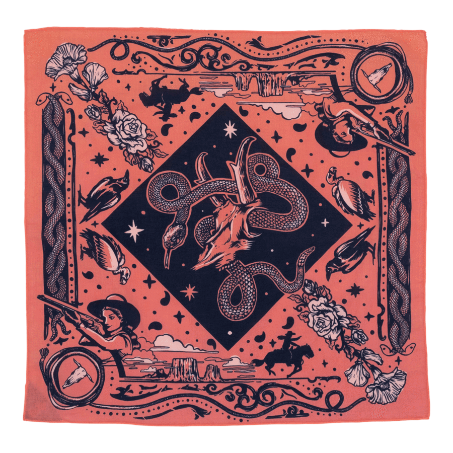 Dark salmon pink background, with black design and touches of white.  Cowgirl shooting and rattle snakes in the middle.