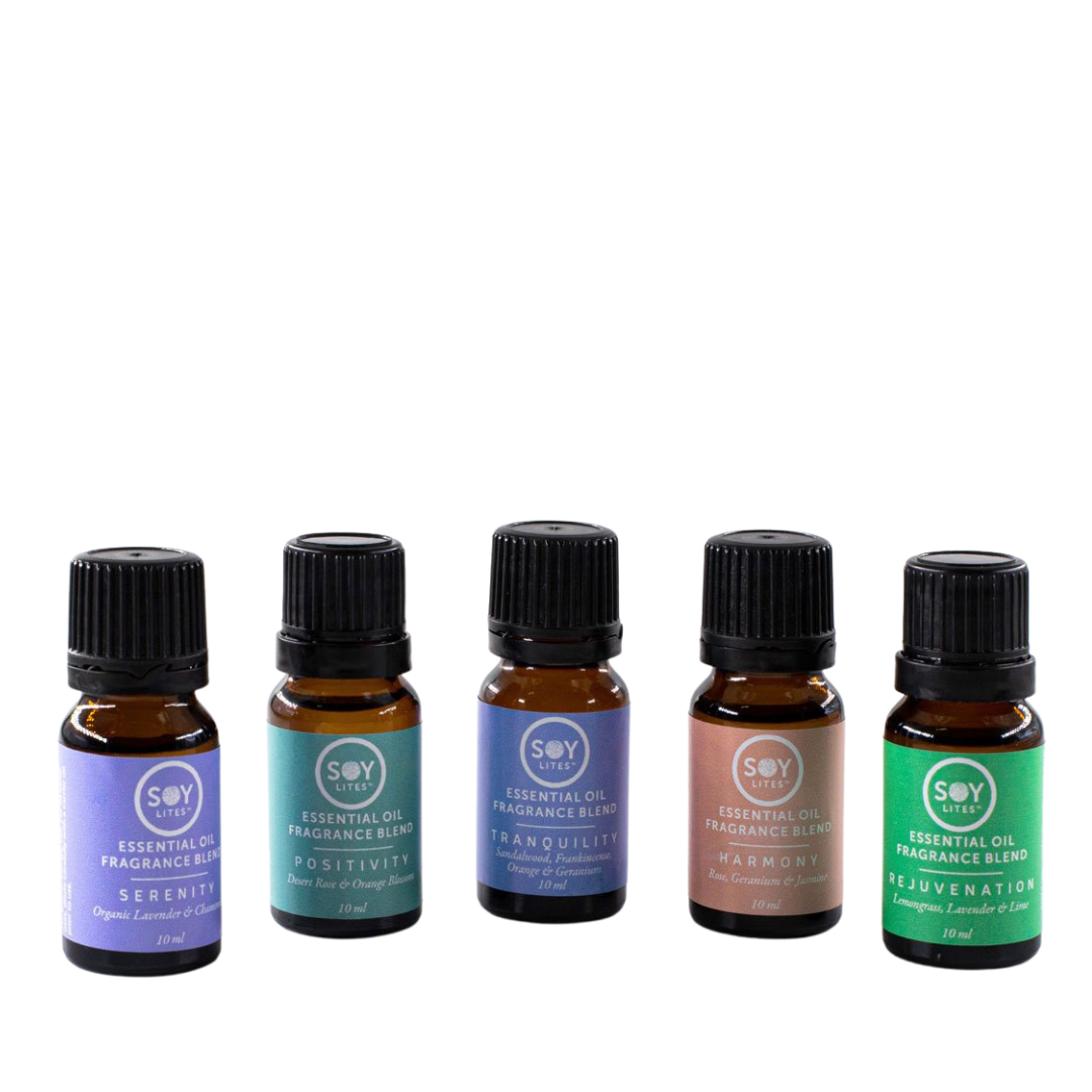 Selection of Soylites Essential Oils in small 10ml bottles; Serenity, Positivity, Tranquiliy, Harmony, and Rejuenation. Fairly Traded products