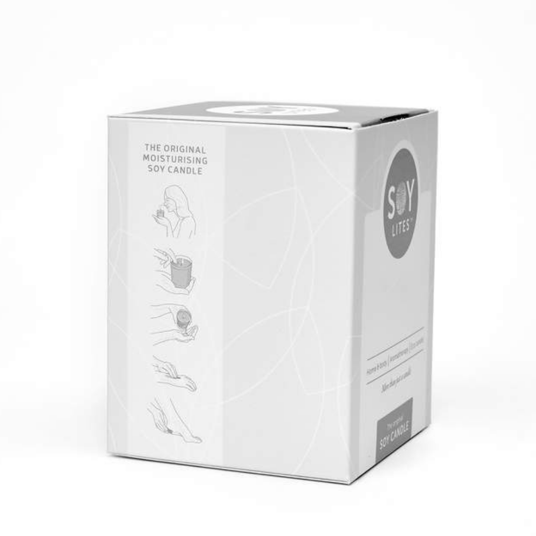 Side shot of Soylites gift box that show the illustrations of how you use the wax as a moisturizer for hands and feet..  