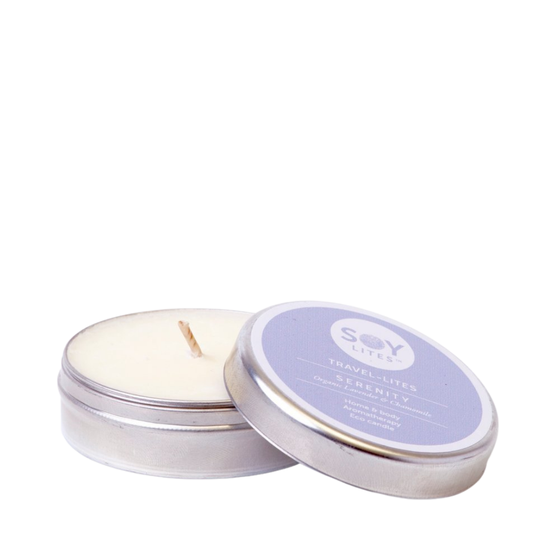 SoyLites Travel Lites Serenity with Organic Lavender & Chamomile scent. Home & Body Aromatherapy. Eco Candle. Tin candle holder with pop top, and Lavender label. Cotton Wick.