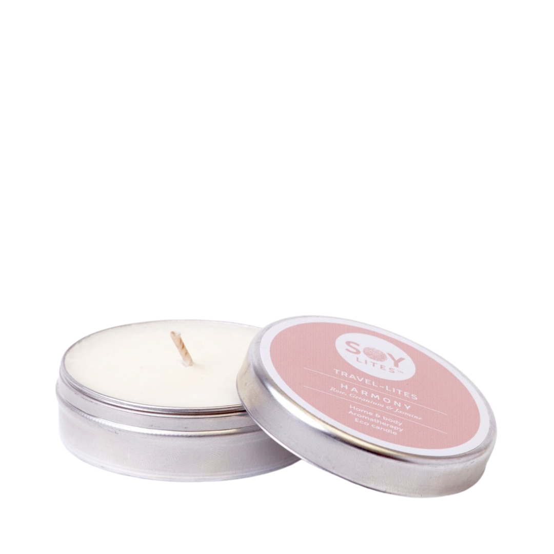 SoyLites Travel Lites Home & Body Aromatherapy. Eco Candle. Harmony with Rose, Geranium & Jasmine. Pink Label.