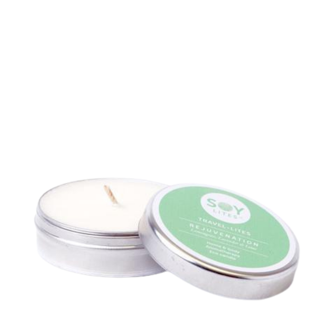SoyLites Travel Lites Home & Body Aromatherapy. Eco Candle. Rejuvenation. Lemongrass, lavender, and lime. Kelly green color packaging in tin can with pop top.