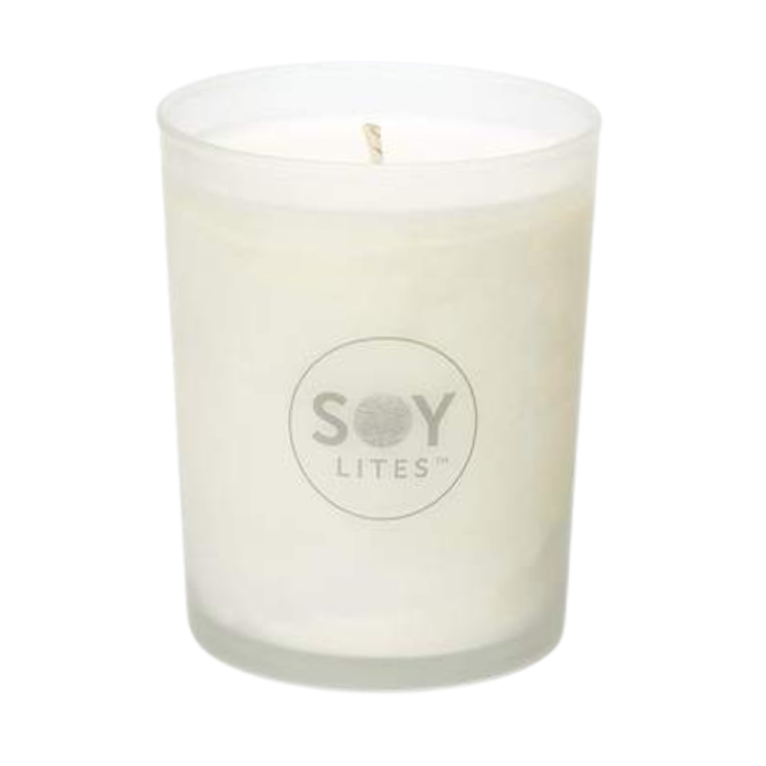 Tumbler of Soylites soy wax 32oz. Frosted glass with white soy wax & Soylites log on glass.