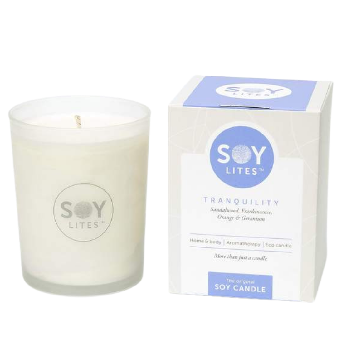 Tranquility Soylites Tumbler. Frosted glass tumbler filled with soy wax, alongside the gift box. Sandalwood, Frankincense, & Orange. 