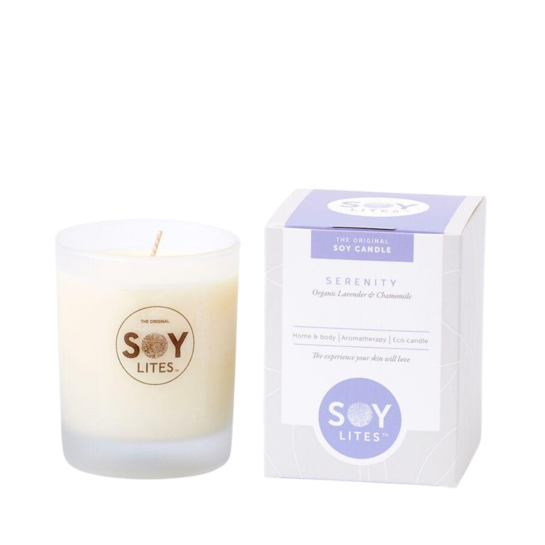 Serenity Soylites votive (75ml) frosted glass jar along side a gift box.  Lavender & Chamomile. Classic!