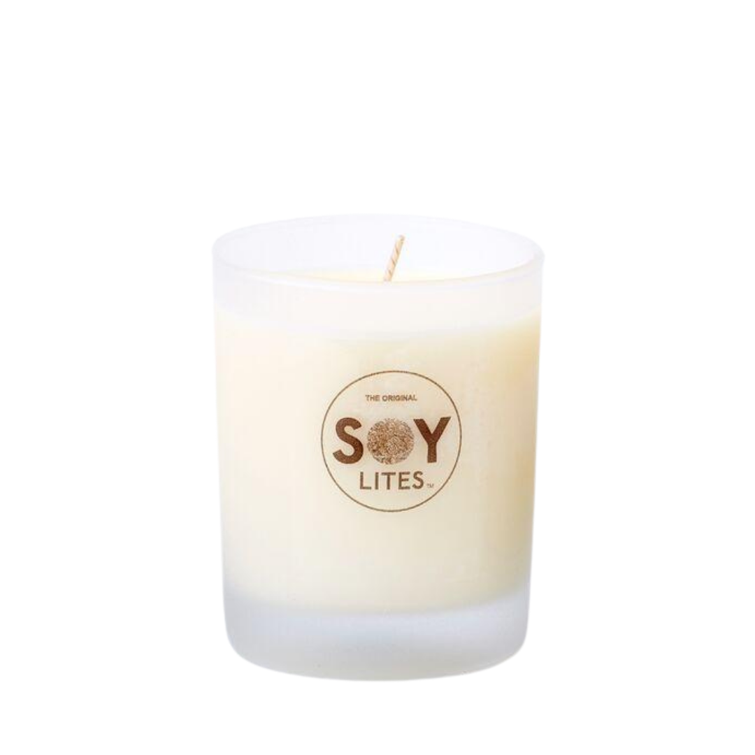 Soylites Votive candles 765ml. Frosted glass votive filled with soy wax. Fairly traded product.