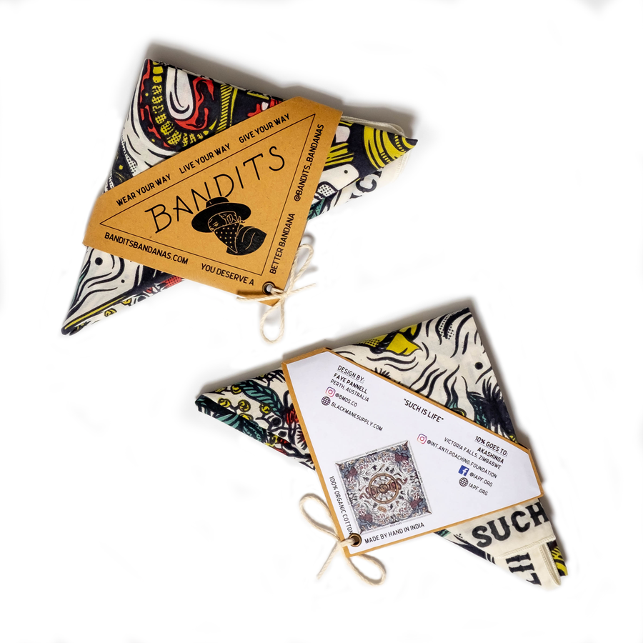 Bandanas come folded in a triangle with a story card tied around the bandana. Fair Trade products.