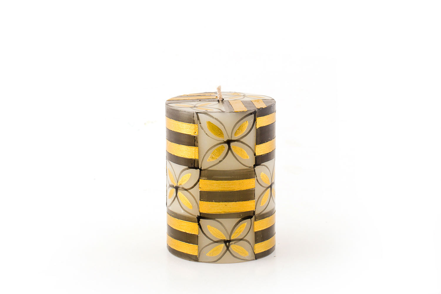 Celebration 3"x4" pillar candle. White background with grey/black & gold hand painted design of stripes and floral.