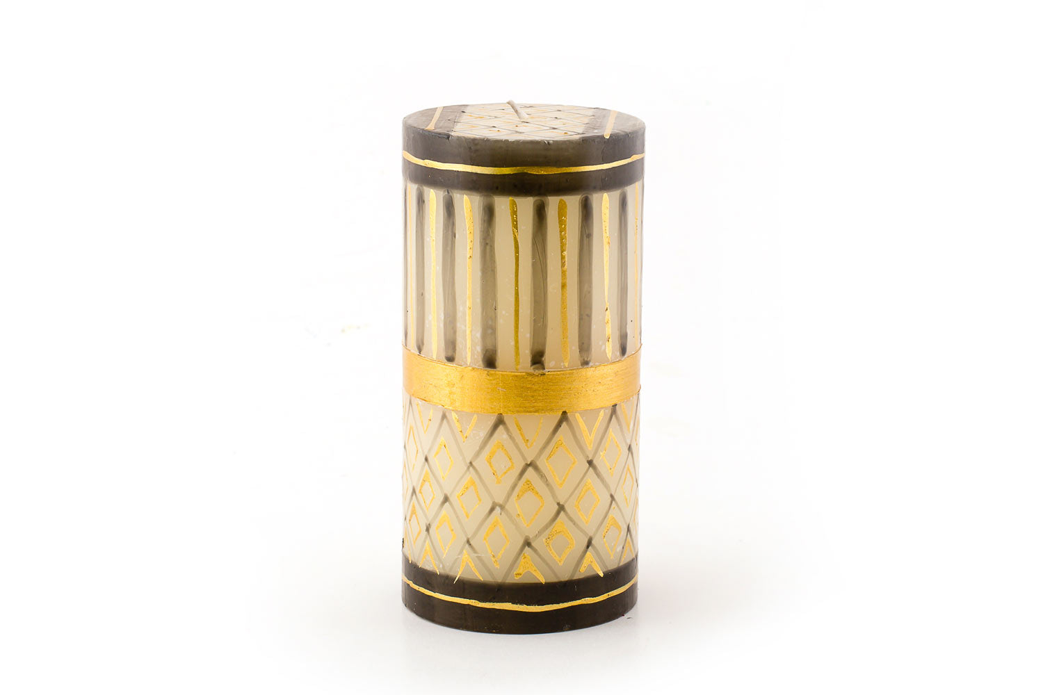 Celebration design 3" x 6" pillar candle.  White background with grey/black and gold hand painted design of stripes and geometric designs.  Fair Trade.