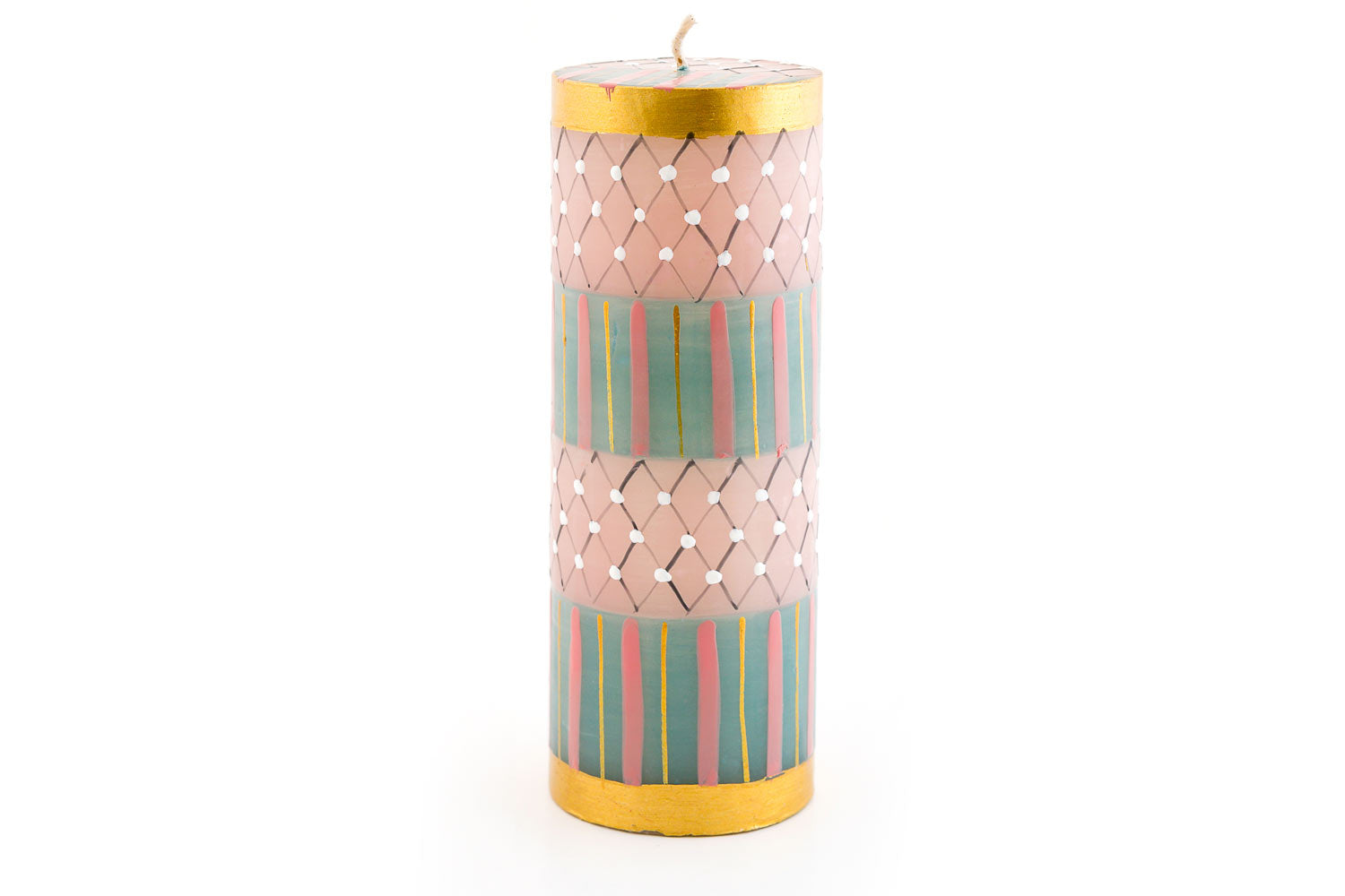 A beautiful Delight 3x8inch pillar candle.  Hand painted with turquoise, pink & gold stripes, with a 'lace looking' pattern made with gold & white.  Hand made. Hand painted. Fair trade.