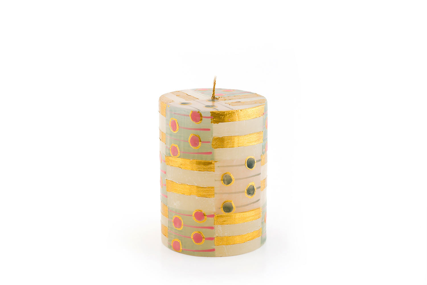 Delight 3x4inch pillar cube.  Cream background with gold stripes, and pink & turquoise dots.  Hand painted. Fair trade.