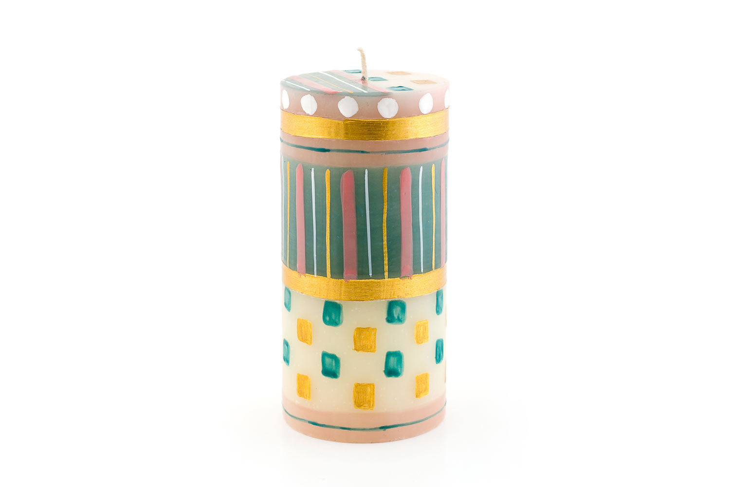 Delight 3x6inch pillar candle.  Hand painted in turquoise, pink, gold and white - stripes, dots and small squares. Very fun!