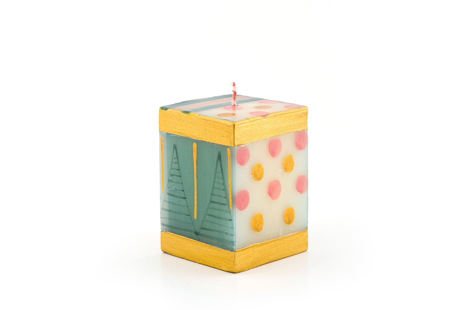 Delight 2x2x3inch cube. Hand painted in turquoise, with pink & gold dots on a white background. Fair Trade candles.